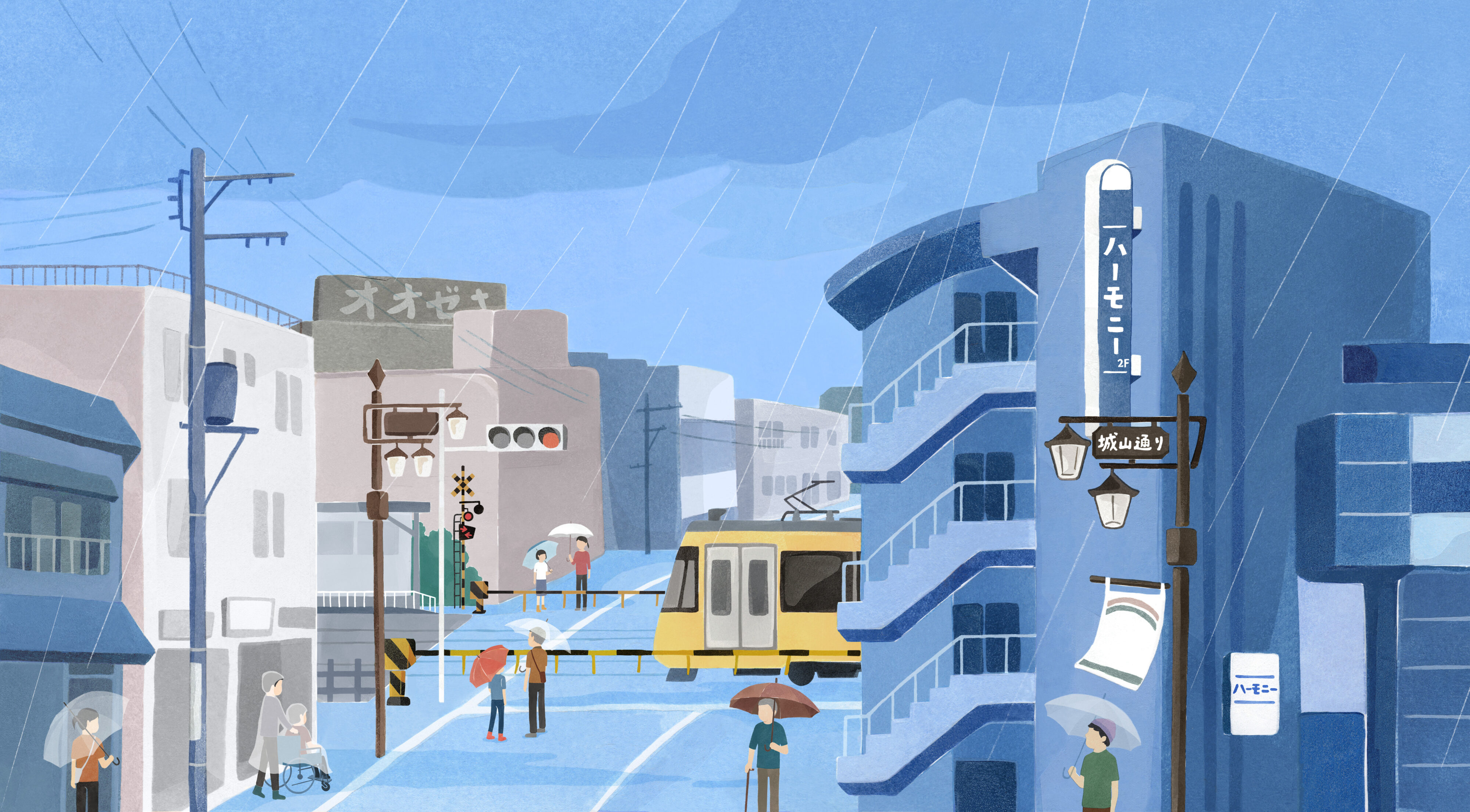 【イラスト】ハーモニーがある世田谷上町付近の風景。路面電車、信号機、ハーモニーと書かれた看板が描かれている。天気は雨