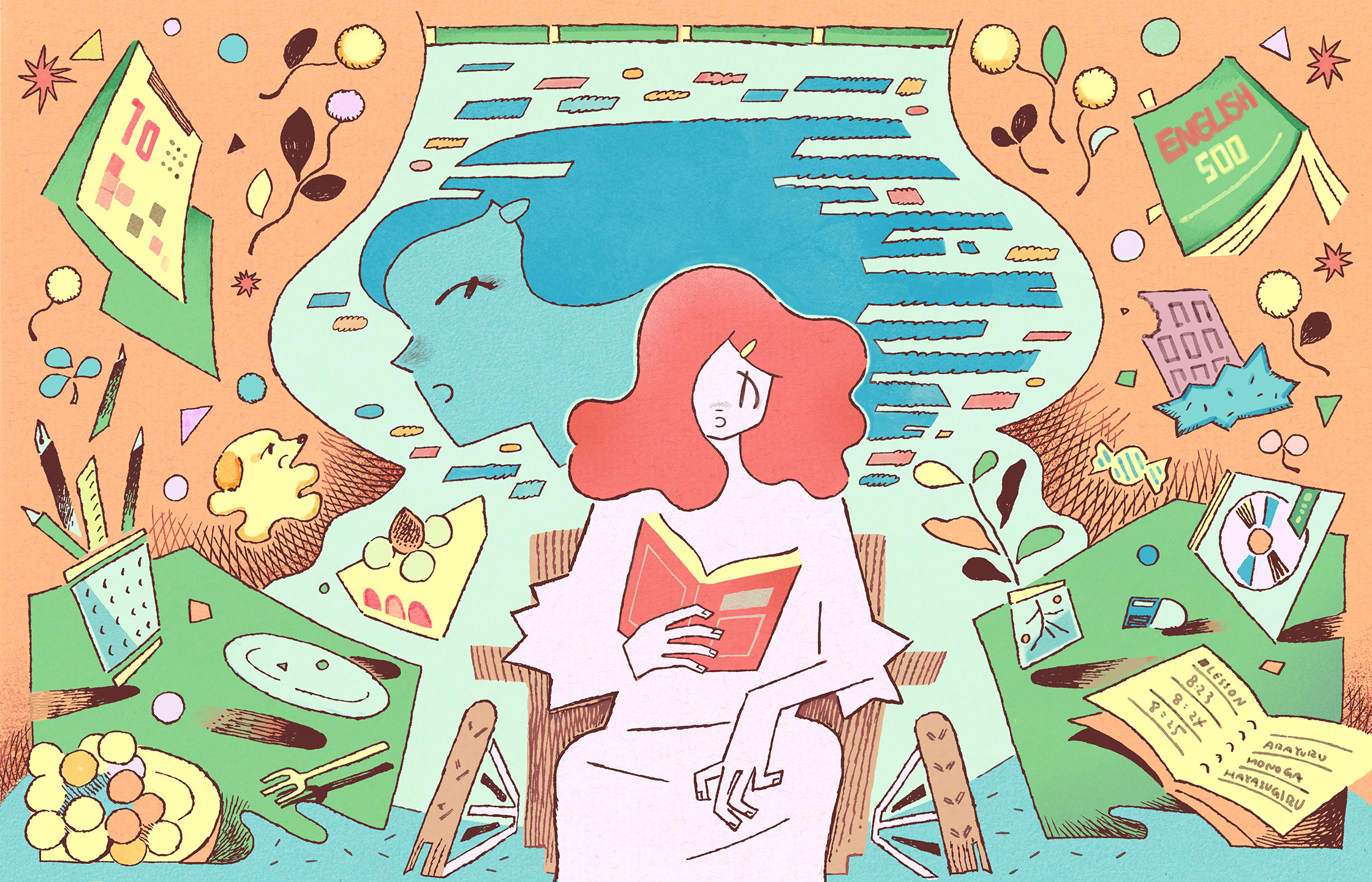 【イラスト】本を読んでいる一人の車椅子ユーザー。そのまわりには、ショートケーキや犬のぬいぐるみ、CD、食べかけのチョコレートなどが浮いている。